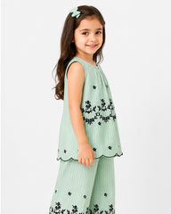Girls Sleeveless Co-Ord Set – Green Printed Embroidered Hem Top & Wide-Leg Pants