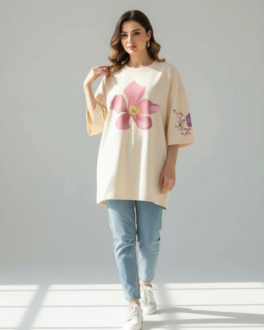 Plus Size Women Floral & Butterfly Print Casual Summer T-Shirt