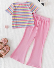 Kids Girl's Striped Pink Embroidered Flare Pants Set