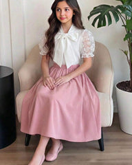 Girls’ 3D Floral Embroidery Bubble Sleeve Shirt & Skirt Set
