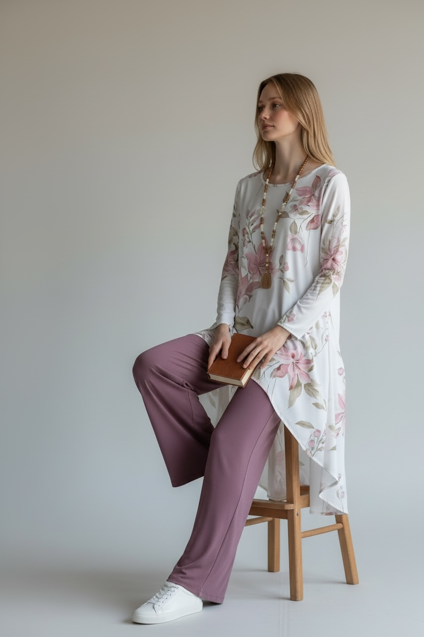 2pcs Women Floral Loose Fit Round Neck Long Sleeve Top And Pants Set