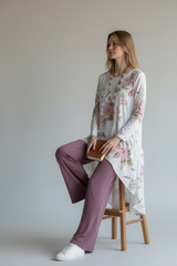 2pcs Women Floral Loose Fit Round Neck Long Sleeve Top And Pants Set