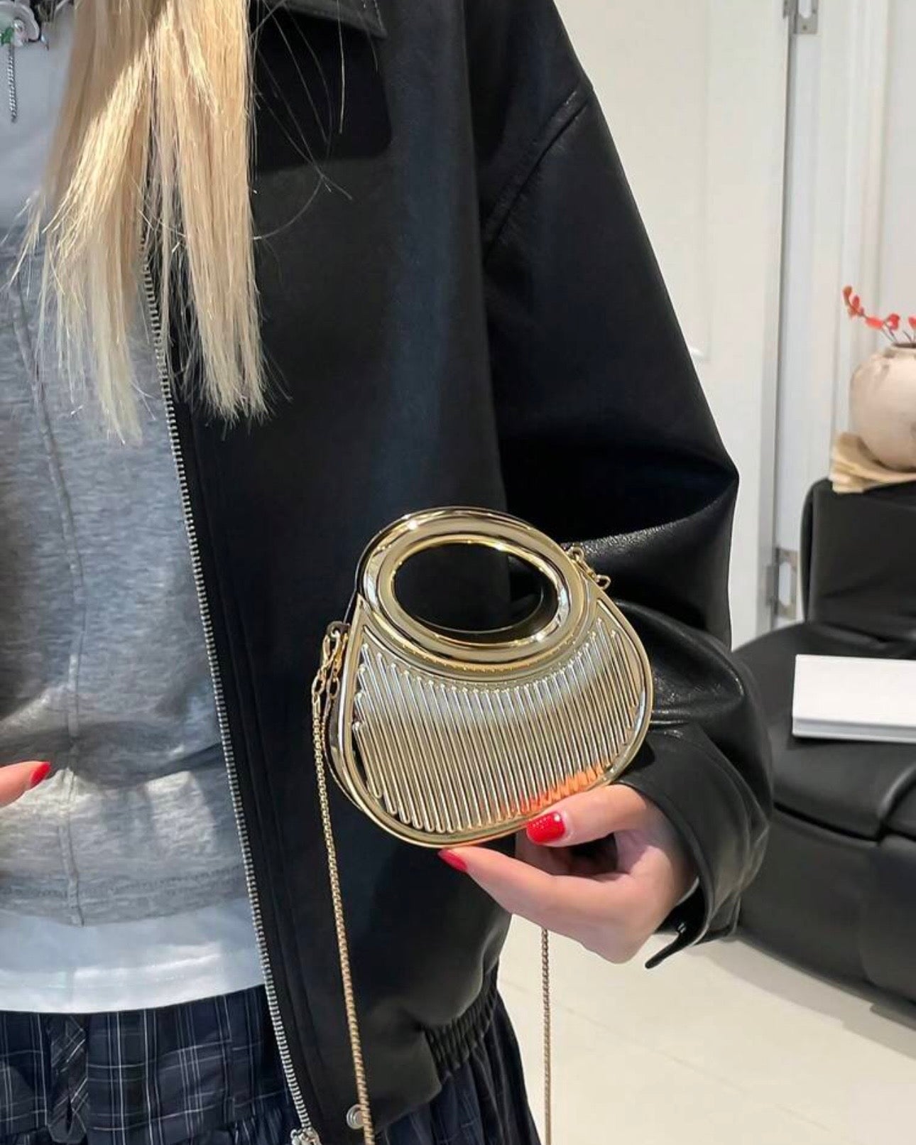 Acrylic Golden Crescent Moon Mini Handbag – Fashion Clutch with Detachable Strap