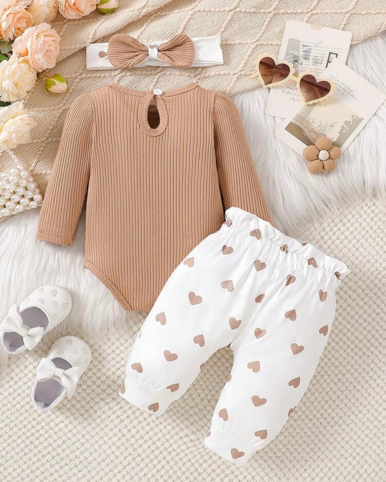 3pcs New Born Apricot Girls Ribbed Romper, Pants and Headband