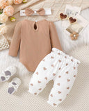 3pcs New Born Apricot Girls Ribbed Romper, Pants and Headband