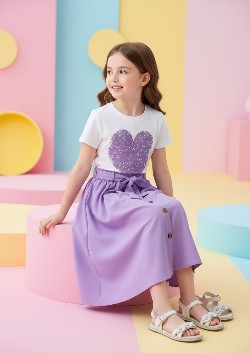 Heart Pattern Printed Short Sleeve T-Shirt And Elastic Waist Skirt