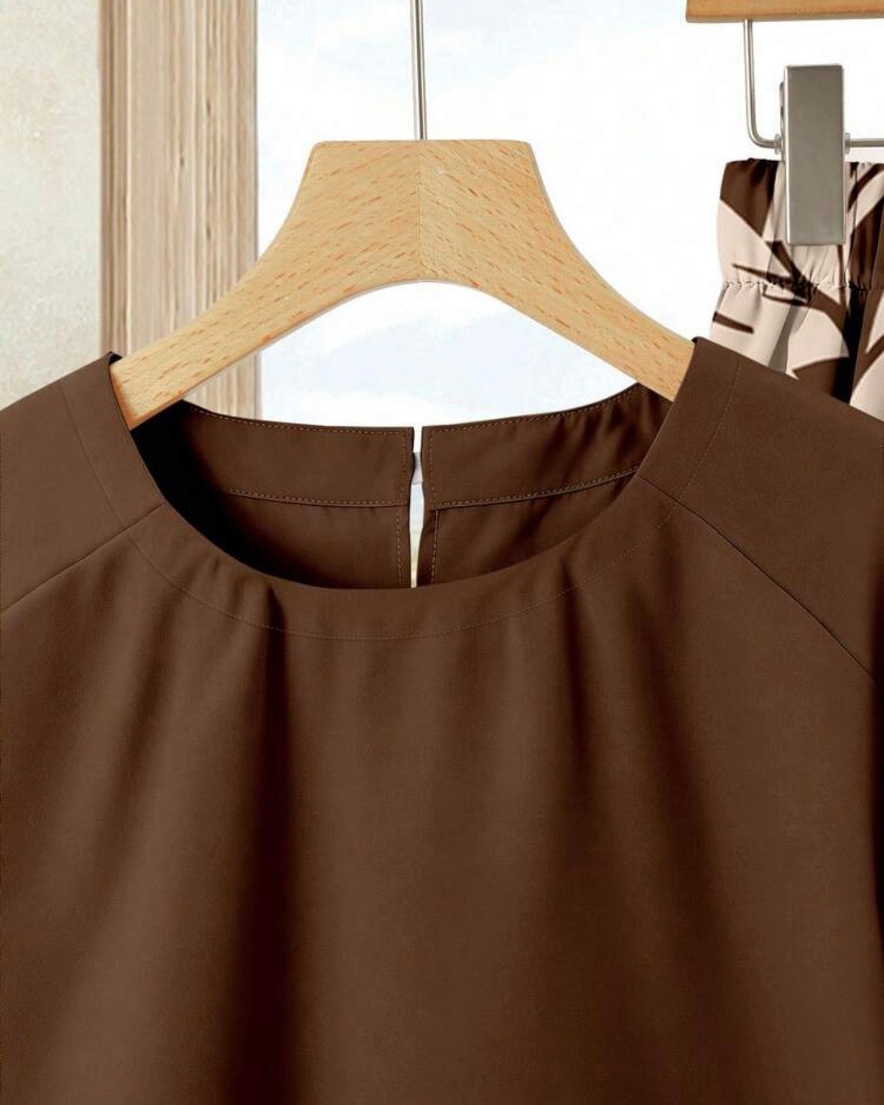 2PCS Summer Skirt Set – Brown Top & Printed Skirt Outfit