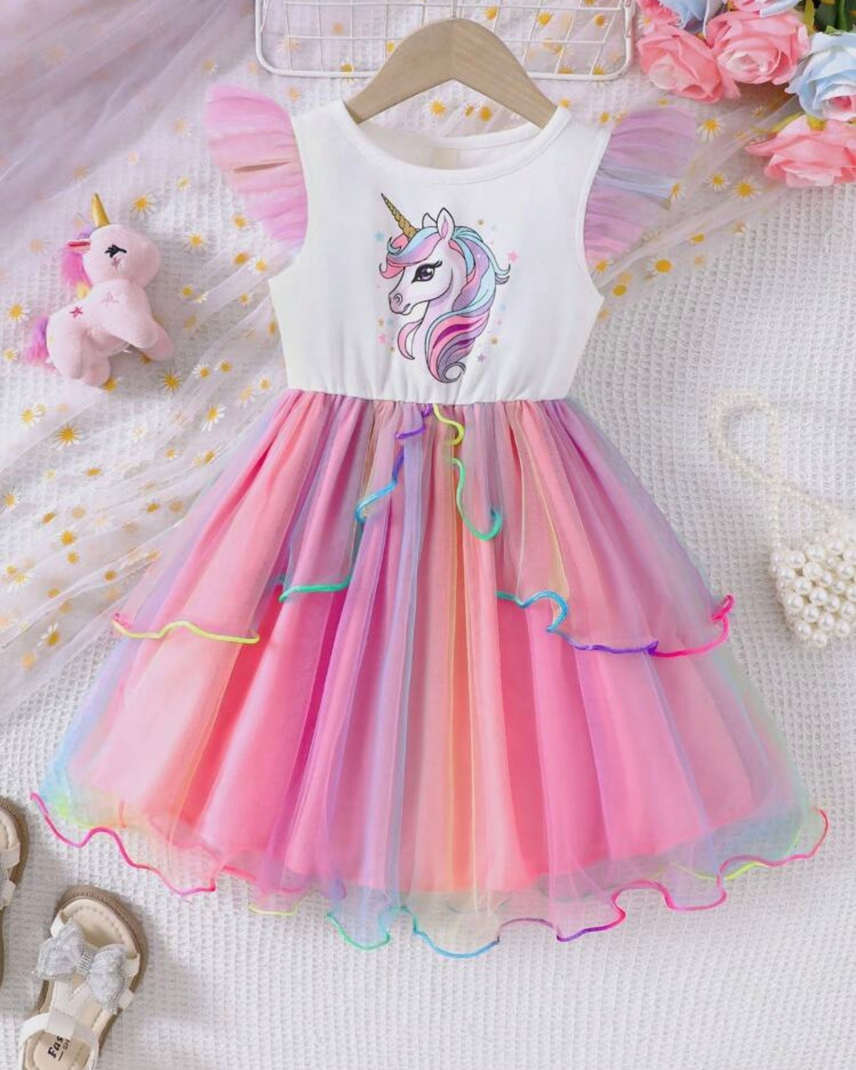 Young Girls Unicorn Cap Sleeve Gradient Princess Dress
