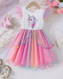 Young Girls Unicorn Cap Sleeve Gradient Princess Dress