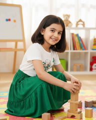 2pcs Girl Green Floral Print Shirt and Silhouette Skirt Set