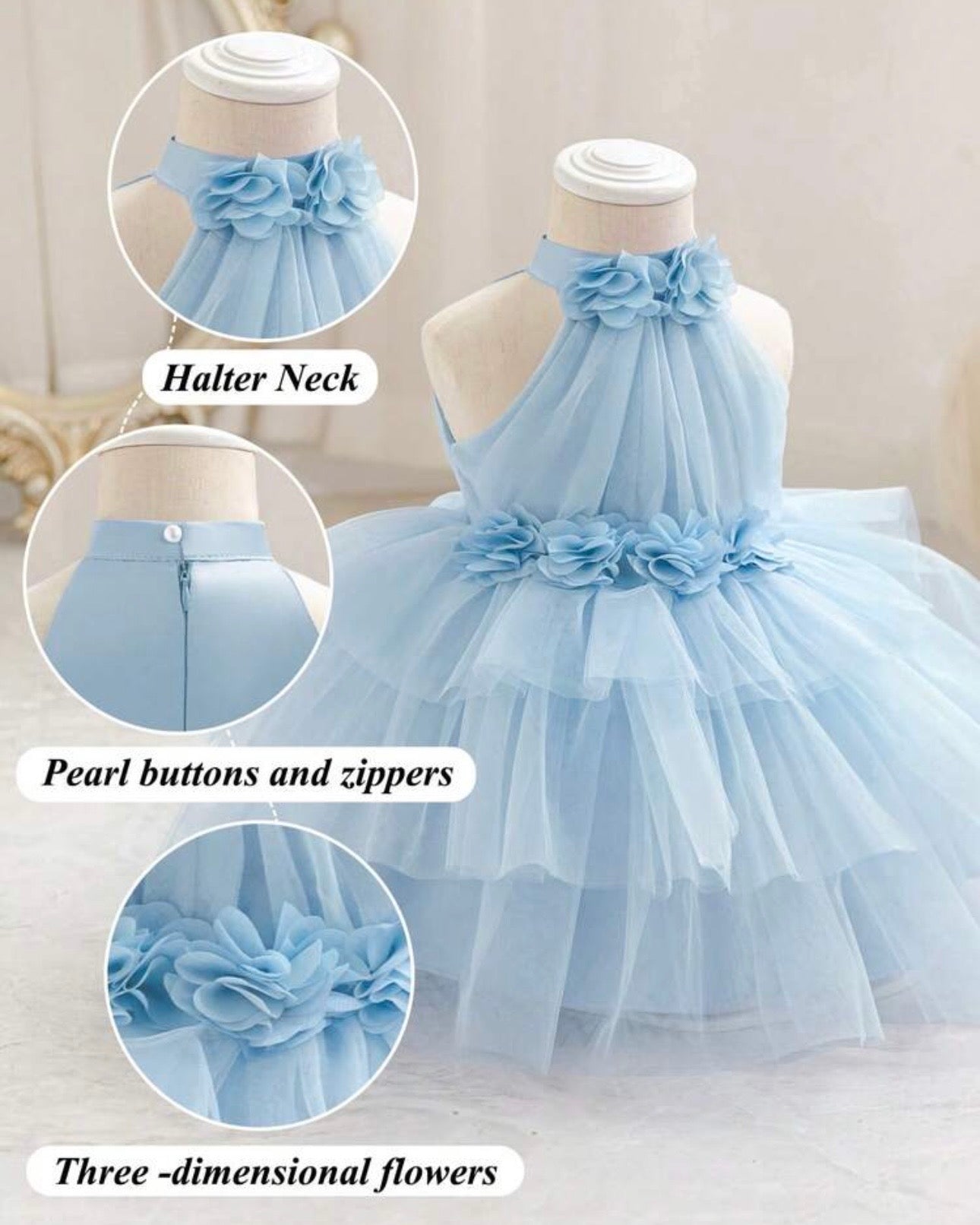 Girls Floral 3D Decor Sleeveless Tulle Ice Blue Dress