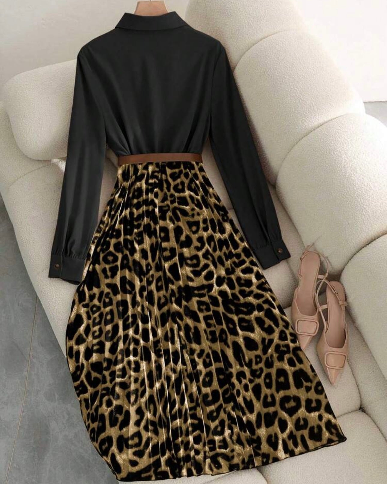 Women's Elegant Waist Cinched Slim Fit Leopard Print Pleated Flare Maxi Dress