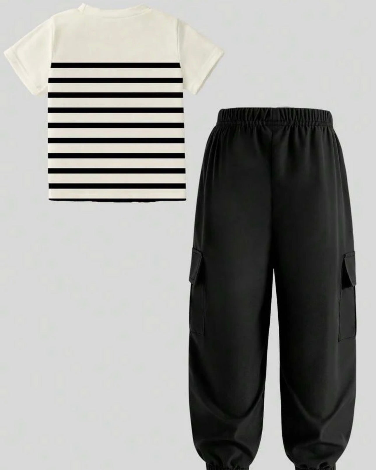 2pcs Boys Striped White & Black Polo Style Shirt And Pants Set
