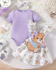 3pcs Baby Girls Purple Ribbed Romper & Ruffled Overall Dress Set with Bow Headband