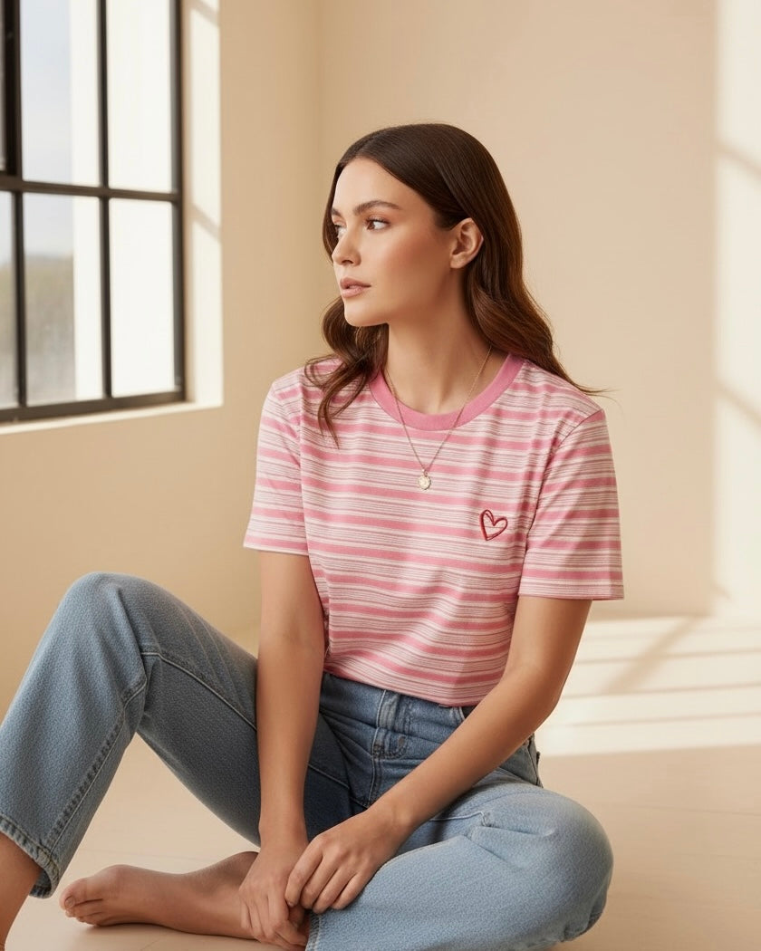 Pink Striped Digital Print & Heart Embroidery Regular Crew Neck T-Shirt