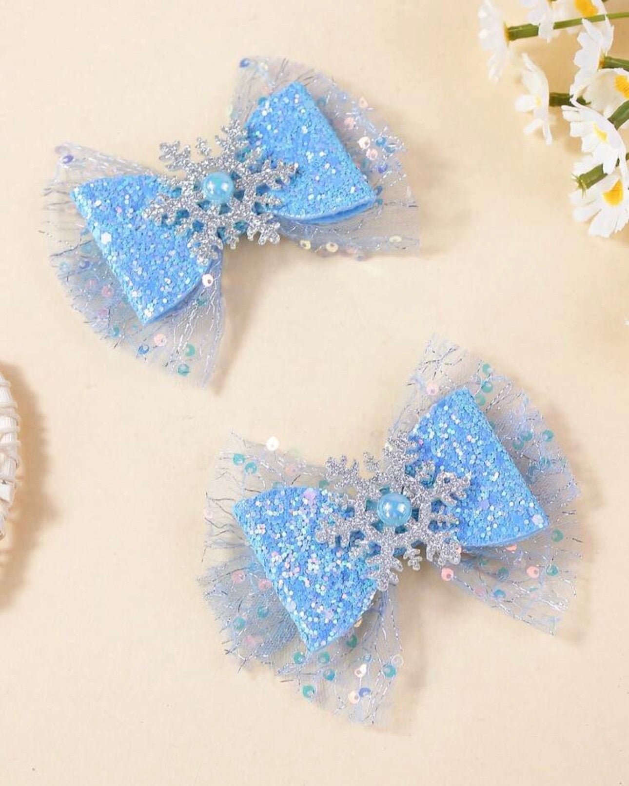 2pcs Elsa Ice Blue Bow Mesh Hair Clips