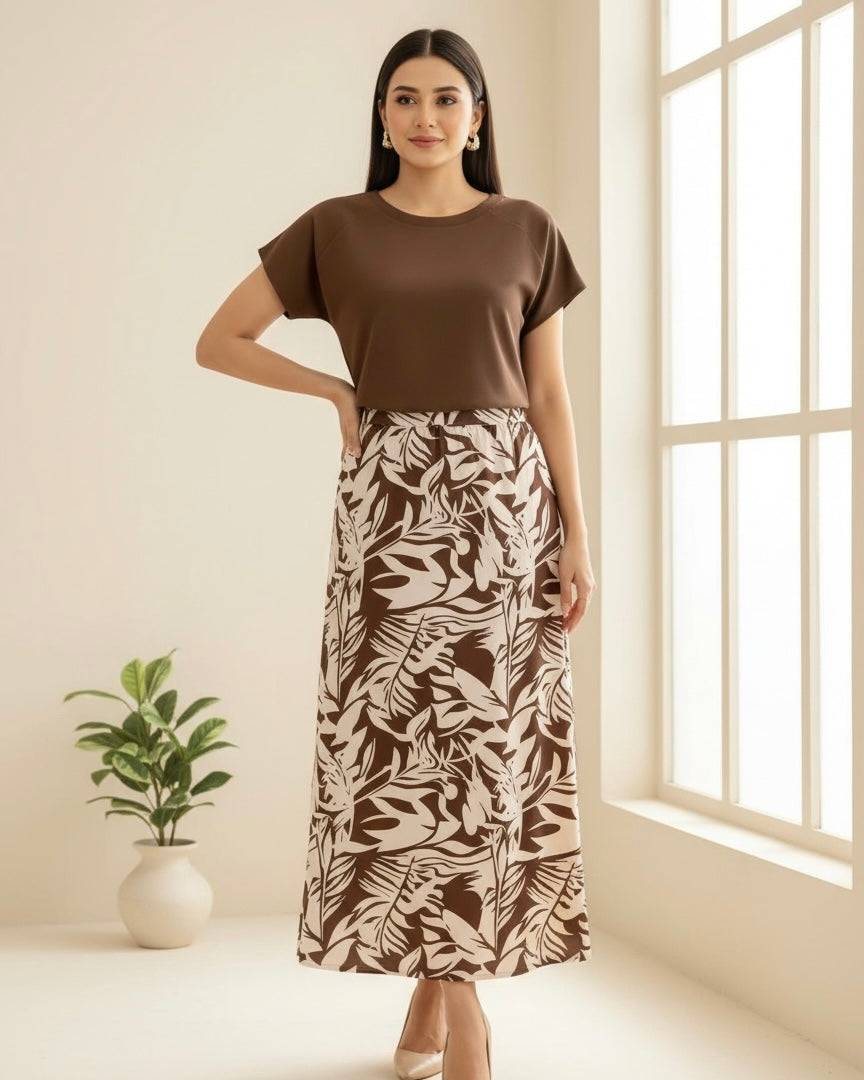 2PCS Summer Skirt Set – Brown Top & Printed Skirt Outfit