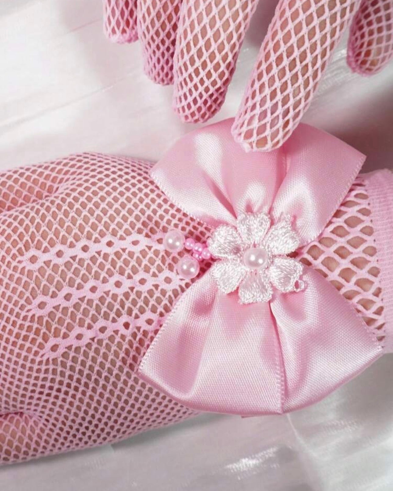 1 Pair Children's Pink Lace Hollow Bow Princess Gloves