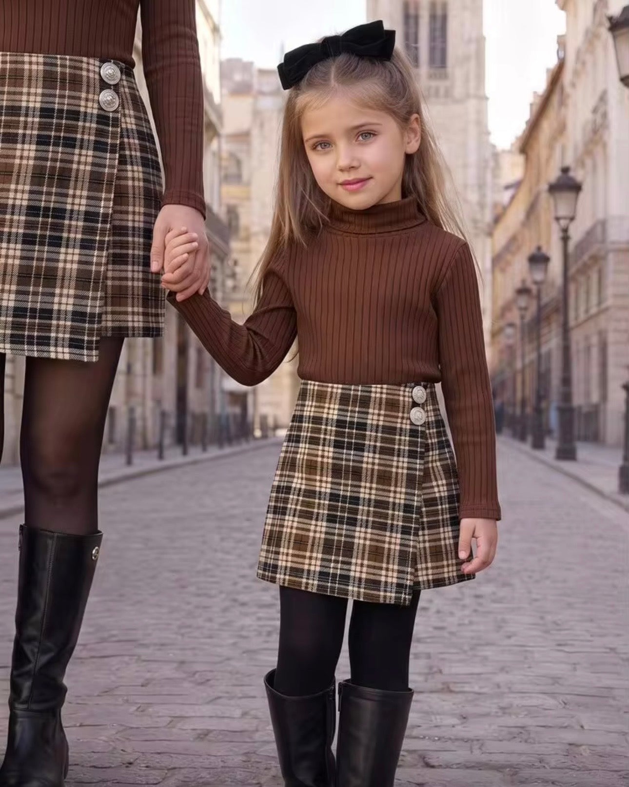 Girls Knit Brown Turtle Collar Top & Plaid Skirt Set
