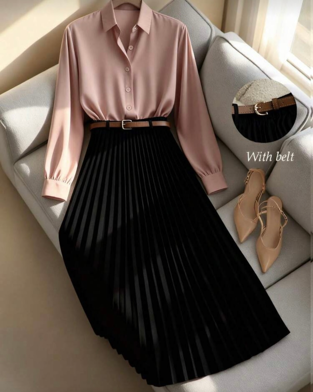 Solid Color Long Sleeve Shirt Paired With A-Line Skirt, Pleated Skirt Comes With Belt