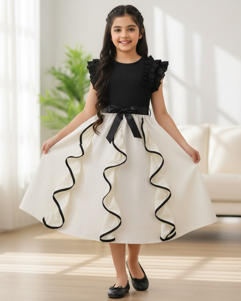 Girl Black and White Ruffle Trim Sleeveless Elegant Dress