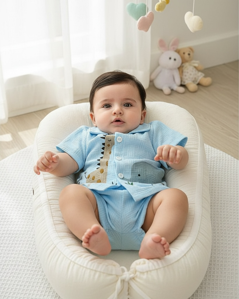 2PCS Baby Boy Street Fashion Giraffe & Elephant Print Shirt & Shorts Set