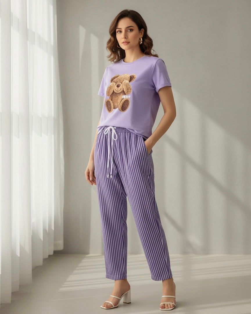 2pcs Women Summer Casual Bear Print Round Neck T-Shirt & Striped Pants Set