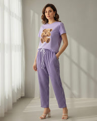 2pcs Women Summer Casual Bear Print Round Neck T-Shirt & Striped Pants Set