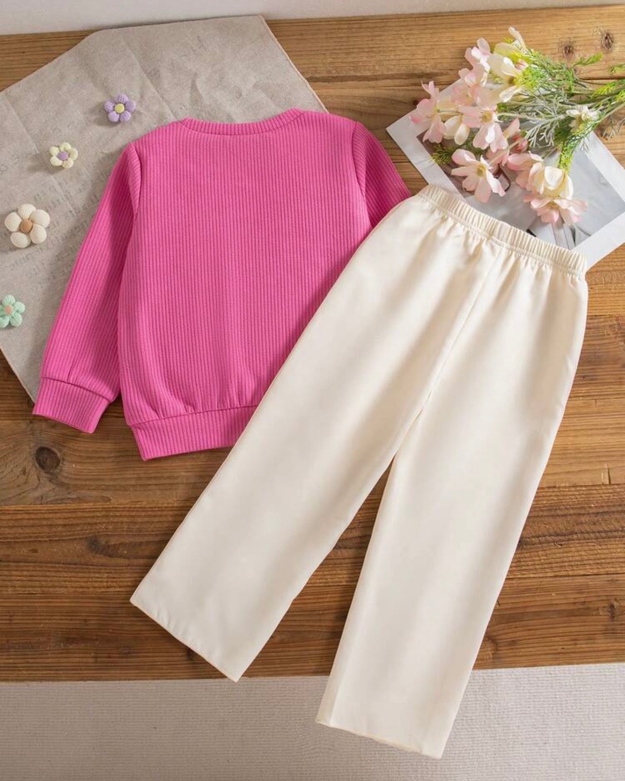 Girls Pink 3D Floral Decor Round Neck Long Sleeve Sweatshirt And Pants Set