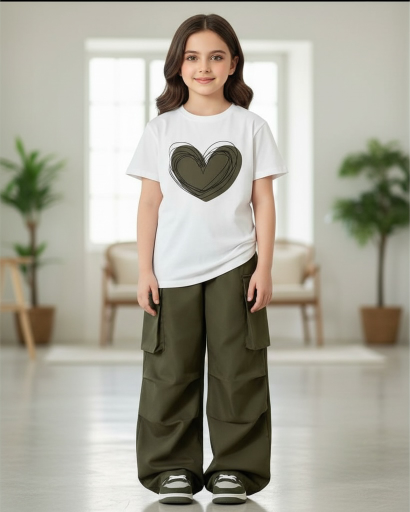 Girls’ Green Heart Print Short Sleeve T-Shirt & Cargo Pants Set
