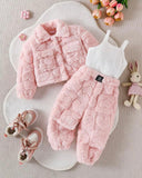 Pink Fluffy Jacket, Sweatpants & Ribbed Tank Top Set for Baby Girls – 3-Piece Winter Outfit