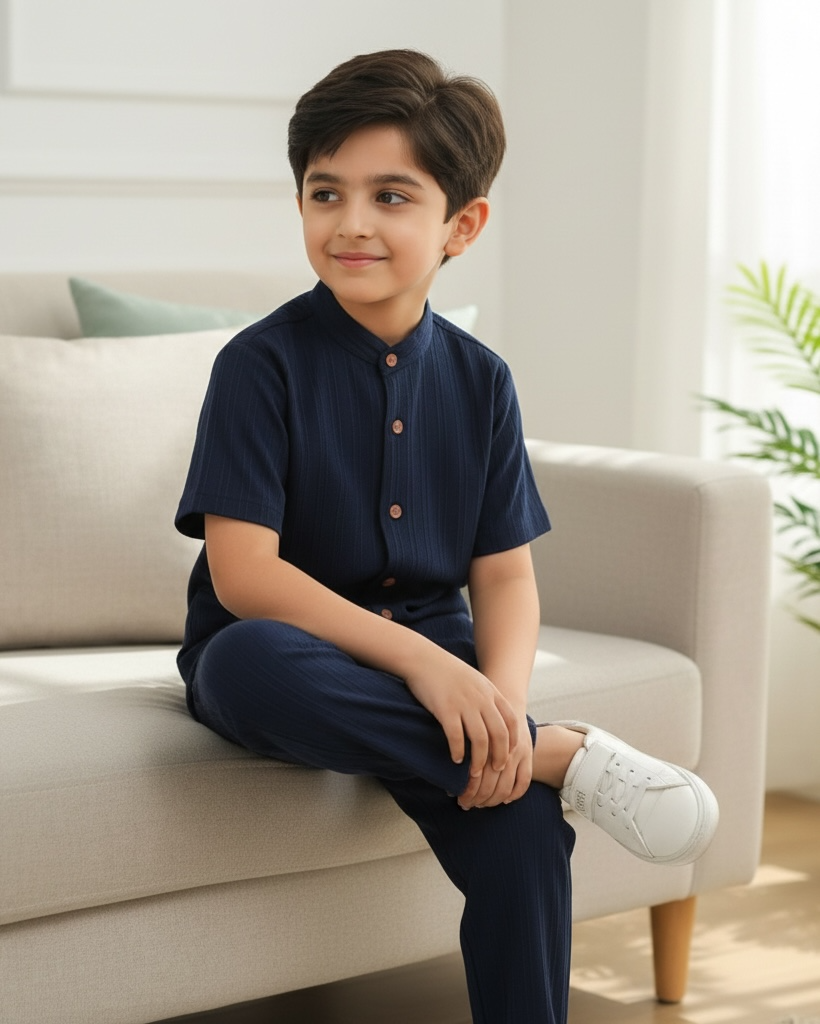 Tween Boys Navy Blue Textured Shirt & Trouser Set