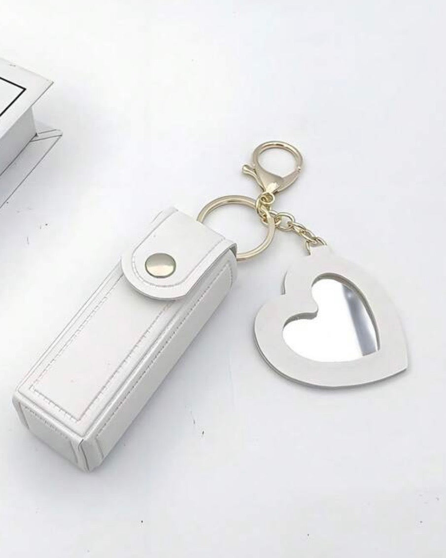 Leather Portable Mini Lipstick Case With Mirror & Keychain