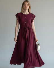 Casual Bold Plum A Line Midi Dress With Ruffle Short Puff Sleeves And Round Neck
