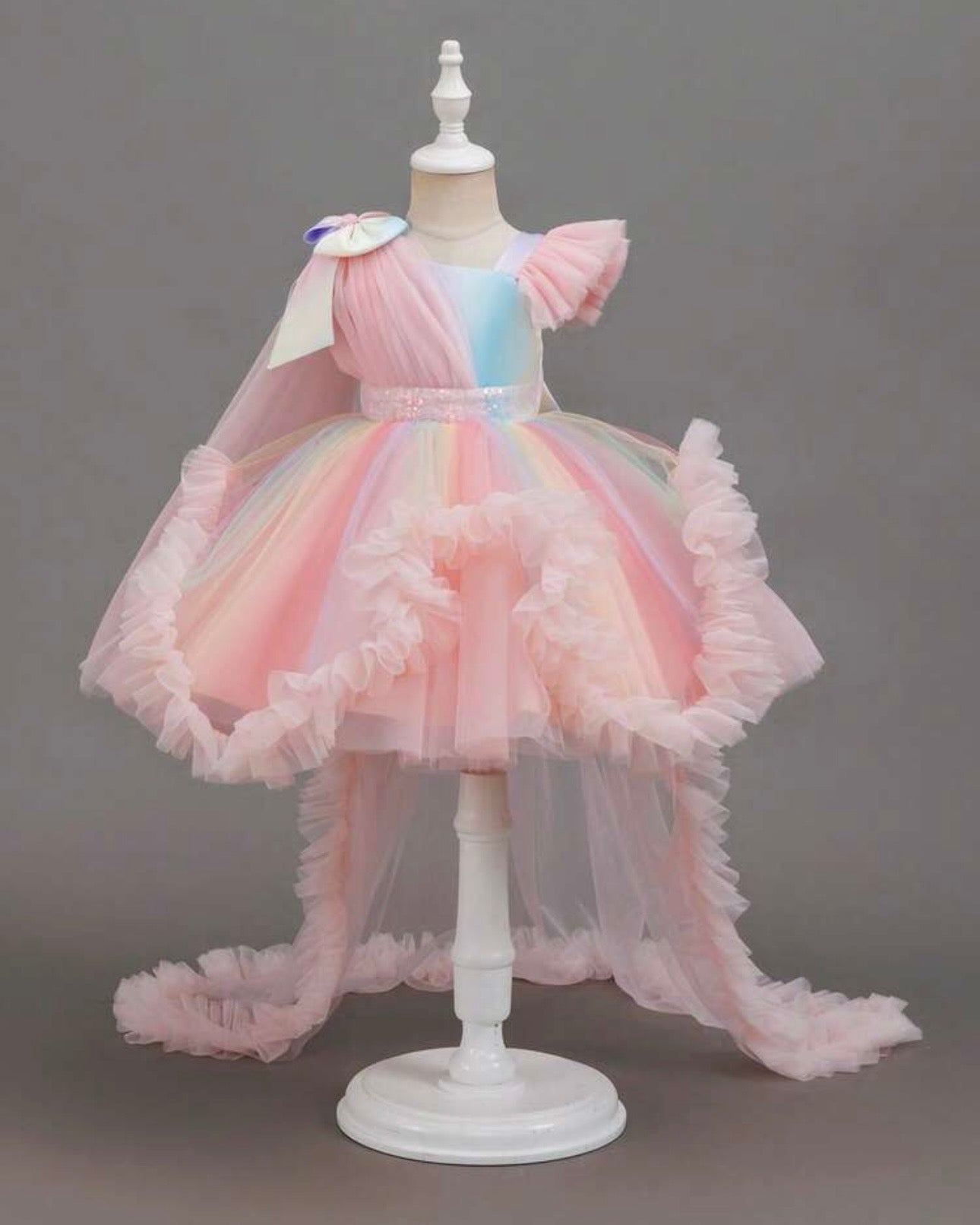 Baby Girls’ Rainbow Princess Trailing Dress | Birthday Party Gown