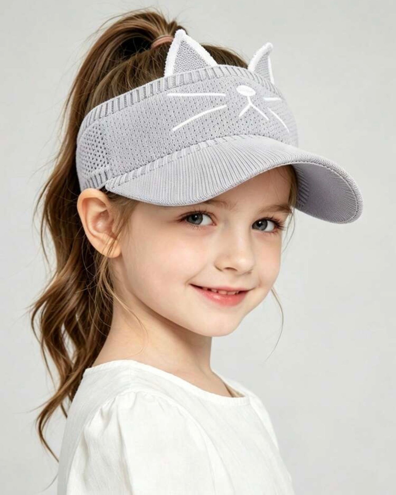 Girls Cute Cat Ear Embroidered Ponytail Sun Hat