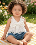 Baby Girl Hollow Lace Bow Top & Blue Shorts Set