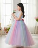 Girls Rainbow Ombre Pink  Dress – Sleeveless Bow Tulle Puffy Long Gown