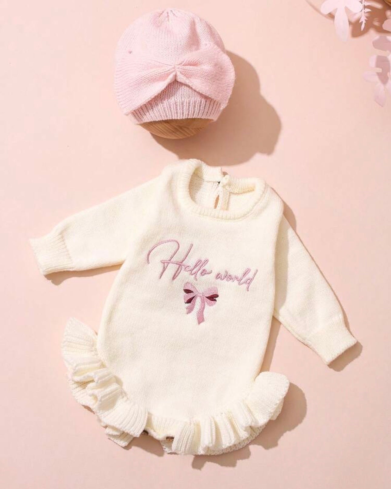 2pcs Set Knitting Newborn Girl Ruffle Romper with Turban Hat
