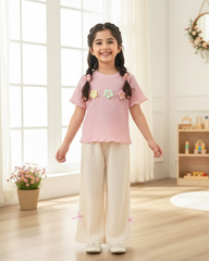 Girls Pink 3D Floral Textured T-Shirt & Pants Set – 2pcs Casual Outfit