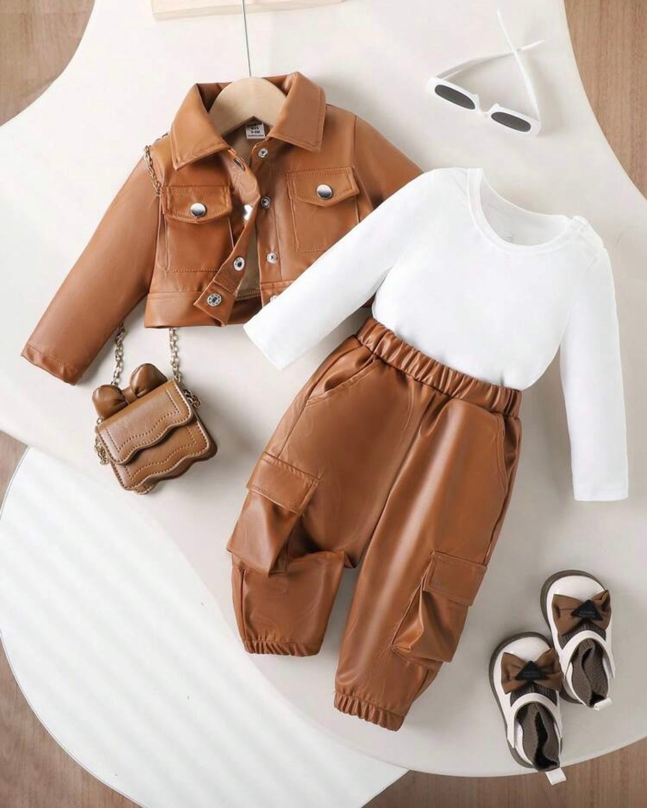 Baby Girl 3-Piece Brown & White Grunge Outfit Set – Graphic Jacket, Top & Pants