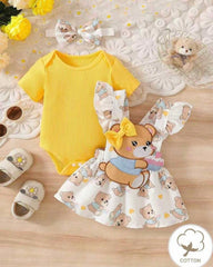 3pcs Baby Girls Yellow Ribbed Romper & Ruffled Overall Dress Set with Bow Headband
