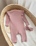 Newborn Baby Girl 2-Piece Pink Knit Romper Set with Headband
