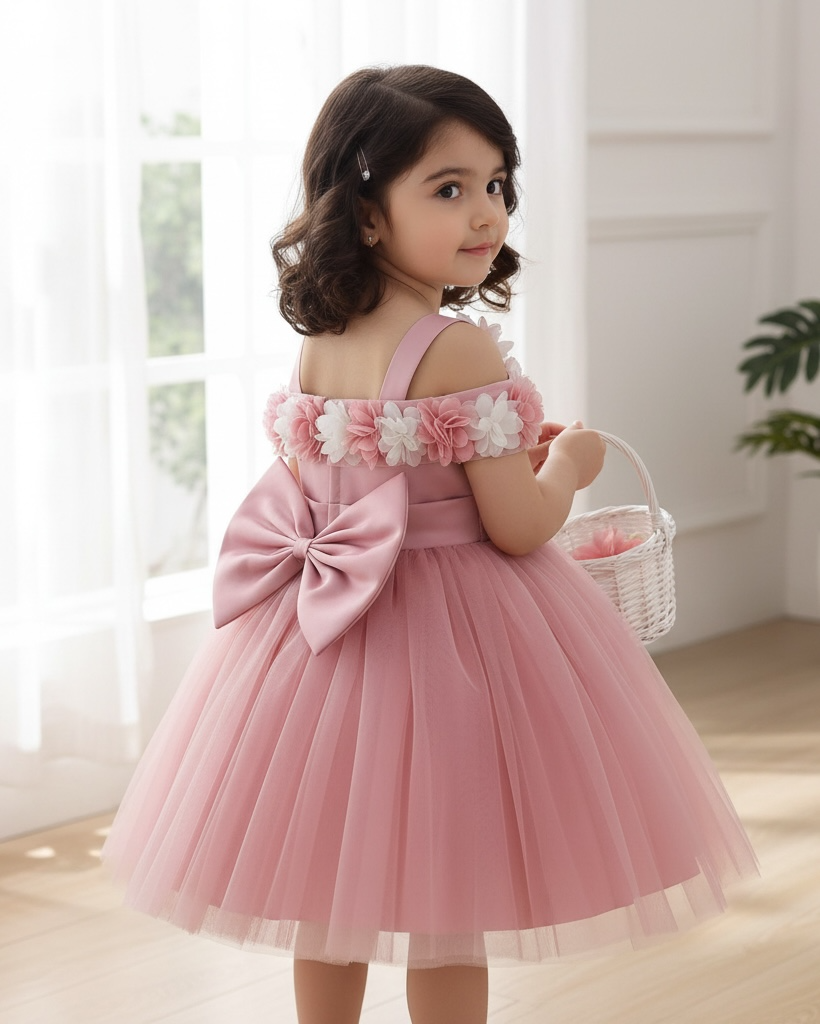 Baby Girls Dusty Pink Floral Tulle Princess Dress – Birthday Outfit