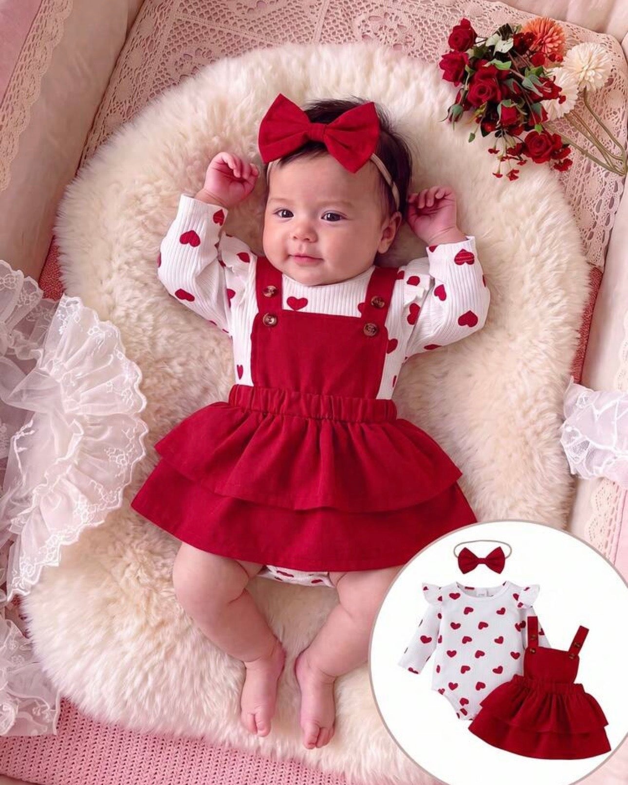 Baby Girl 3pcs Heart Print Bodysuit, 2-Layer Ruffle Skirt & Headband Set