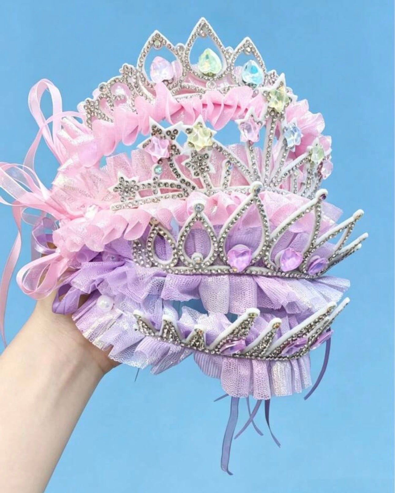 Pearl Crown Headband for Girls with Tassel Ribbon
