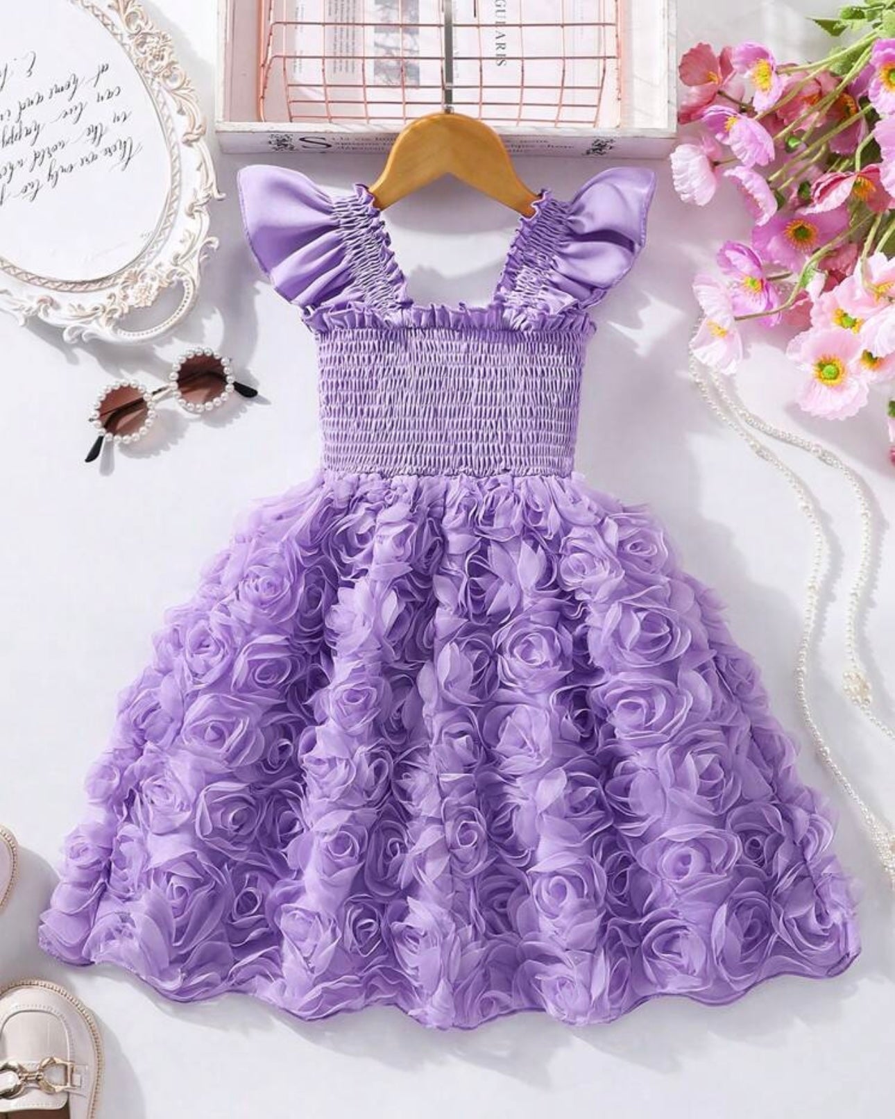 Floral Patchwork Summer Dress – Purple Colour Faux Shirred Cap Sleeve Dress
