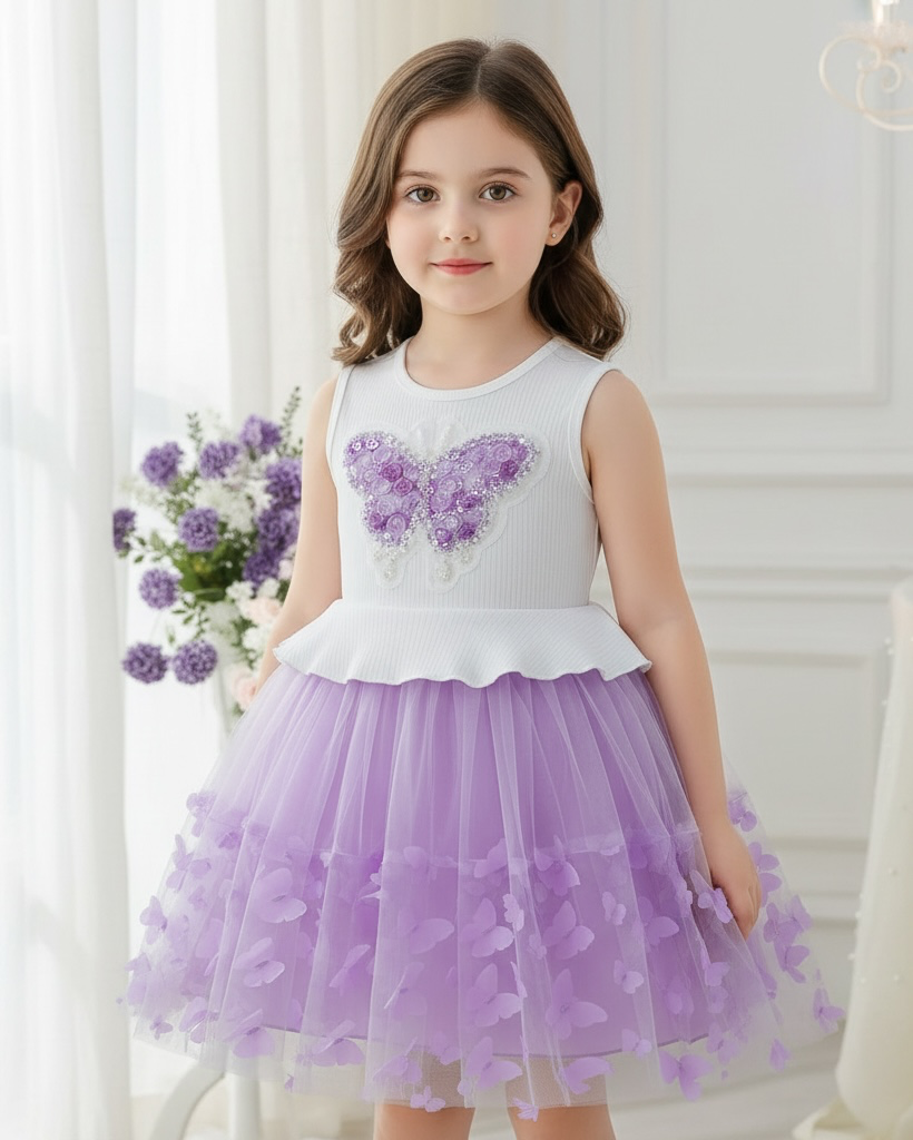 Girls Butterfly  Princess Dress with 3D Floral Tulle Skirt