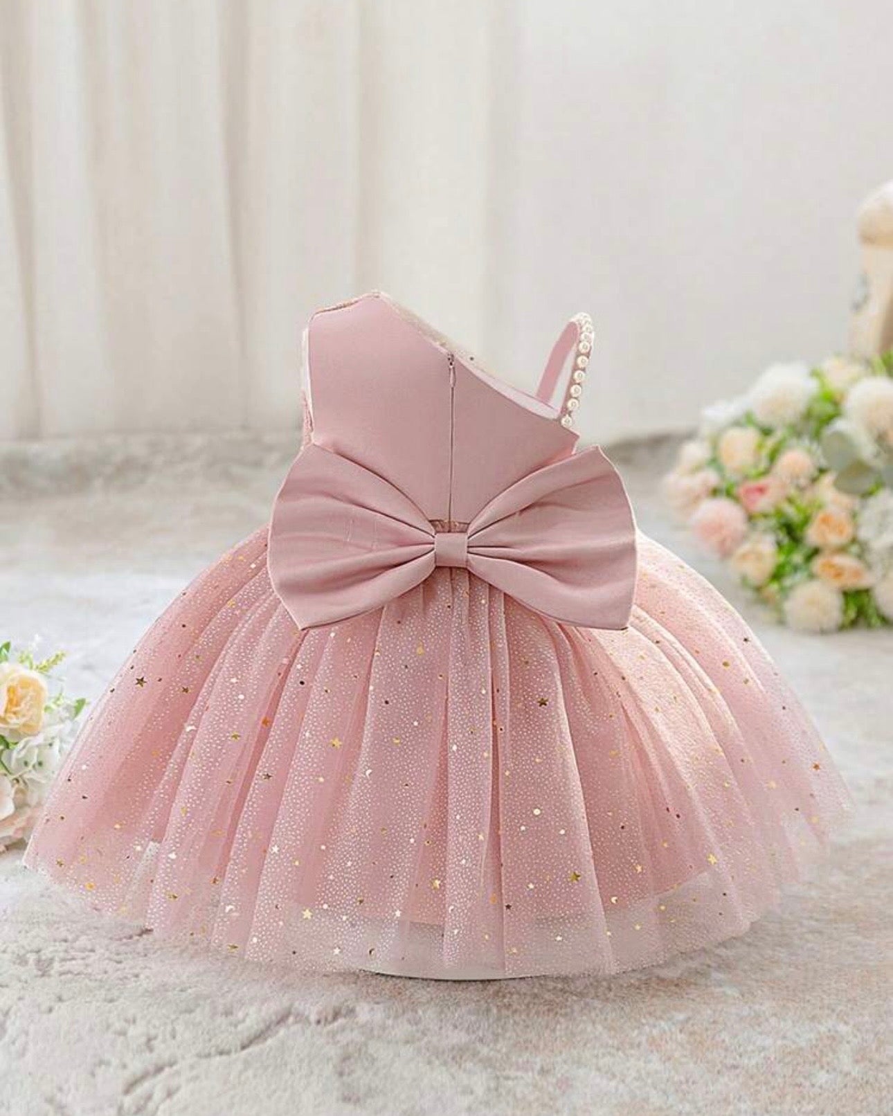 Baby Girls’ Pink Asymmetric Shoulder Faux Pearl Sequin Mesh Elegant Flower Girl Dress
