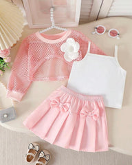 Baby Girls Pink 3PCS Elegant Outfit Set – Camisole, Pearl Flower Vest & Bow Pleated Skirt